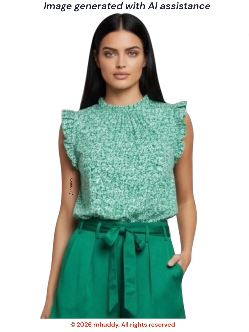 Adrianna Papell L green & white floral ruffle sleeve top